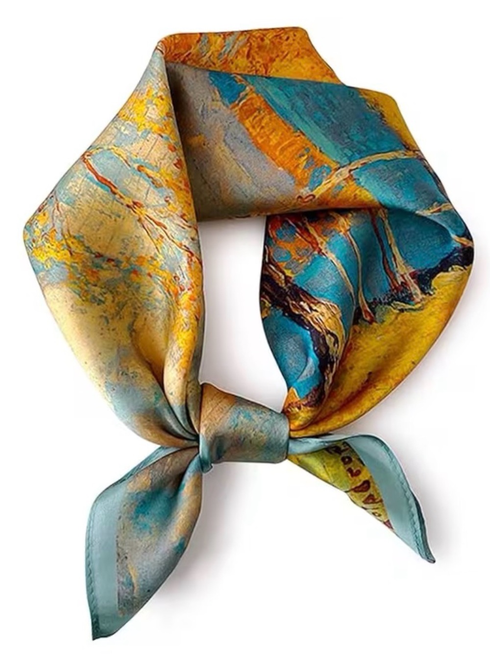 Silk-Feel Teal and Gold Abstract Print Women's Scarf